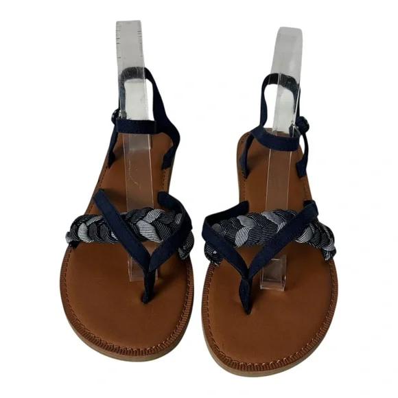 TOMS Lexie Flat Sandals Navy Chambray Shoe Toe Post Ankle Strap Women’s Sz 8.5 - Picture 5 of 8
